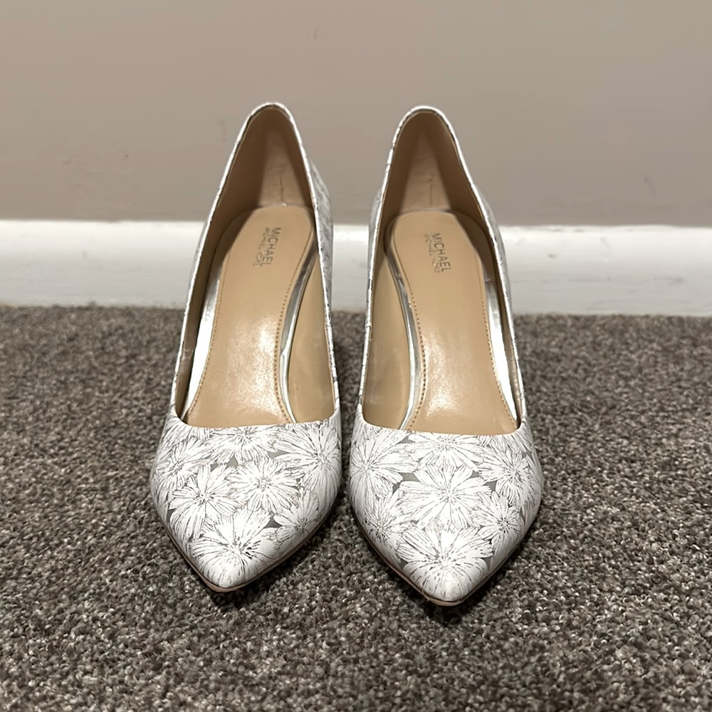 White and silver Michael Kors heels, size 10